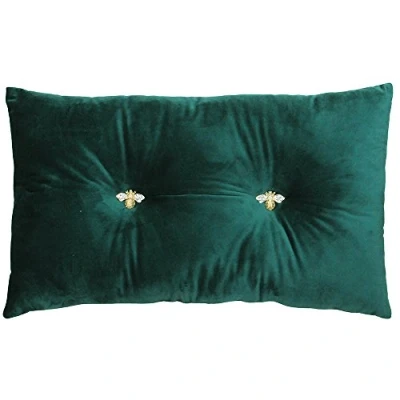 Afbeelding van Bumble Rechthoekig Bijenstrooisel Kussen Smaragdgroen Faux Velvet Look and Feel Metalen Bijenknopen met juwelen Polyfilled 100% Polyester 30 x 50cm (12&quot; 20&quot; inch) Gemaakt door Riva