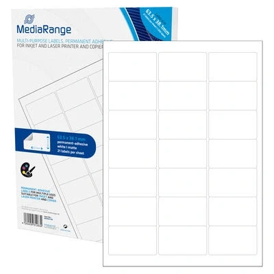 Afbeelding van MediaRange Universele etiketten, sterk hechtende, 50 vellen A4 21 labels (65,3 x 38,1mm), wit