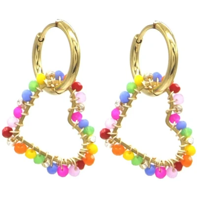 Afbeelding van Oorbellen Hart met Glaskralen RVS 3 cm Goudkleurig en Multicolor