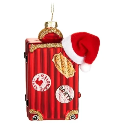 Afbeelding van BRUBAKER Koffer van de kerstman, met hand beschilderde glazen kerstbal, 12 cm, kerstkoffer, rood kerstmuts, mondgeblazen kerstboomversiering