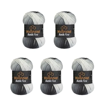 Afbeelding van 5 x 100 g Wollbiene Batik Fine 500 gram wol met kleurverloop meerkleurige breiwol haakwol (5000 zwart grijs wit)