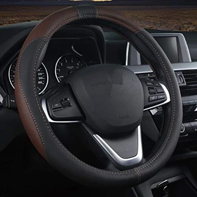 Afbeelding van Microfiber lederen auto stuurhoes, zachte vulling, duurzaam, geen geur, universele 15 inch antislip reliëf patroon A, zwart met rode lijn (zwarte koffie)