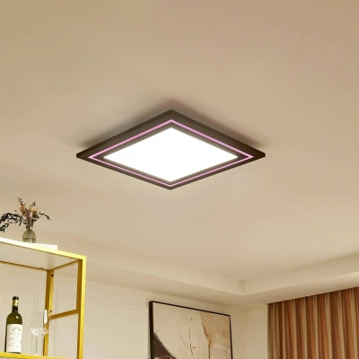Afbeelding van Lucande LED plafondlamp RGB met dimmer 1licht Ijzer, plastic H: 5.2 cm geborsteld nikkel, wit Inclusief lichtbron