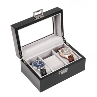 Afbeelding van ProCase houten horlogedoos voor mannen, 3 sleuven horloge vitrine heren organizer, horlogekast mannen horlogeopslag, horlogehouder organizer met glazen deksel sleuven,