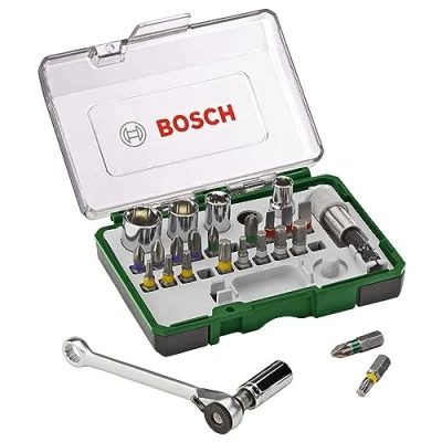 Afbeelding van Bosch 27 delige schroefbit en ratelschroevendraaierset (PH , PZ zeskant T TH S bit, accessoires boormachine schroevendraaier)