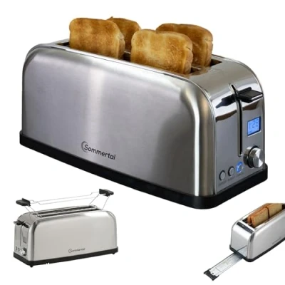 Afbeelding van Sommertal Toaster ST1500 XXL 4 Slices, Broodjesopzet, Display met Timer en Resttijd, Retro Design, Langsleuf, RVS, 1500W