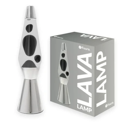 Afbeelding van Fisura zwarte lavalamp. Verchroomde basis, lava en transparante vloeistof. Retro lavalamp met reservegloeilamp. 11,5 cm x 40 cm.