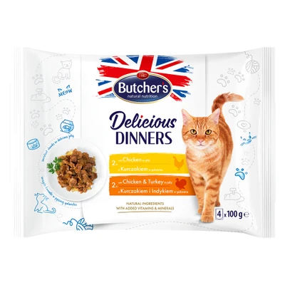 Afbeelding van 64 x 100 g Butcher&#039;s Delicious Dinners kattenmix: kip, kip &amp; kalkoen natvoer