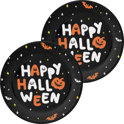 Afbeelding van Folat Halloween thema feest bord 12x pompoen print papier D23 cm Feestbordjes