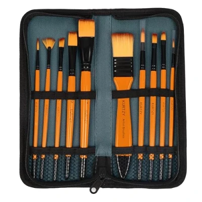 Afbeelding van Kurtzy Paint Brush Set with Travel Case 10 Painting Brushes for Acrylic, Watercolour, Gouache &amp; Oil Paintbrushes Beginners/Professionals