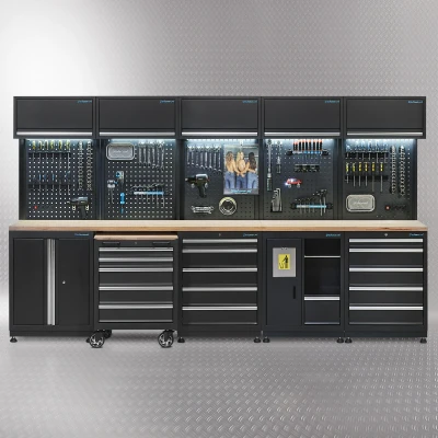 Afbeelding van Datona Werkplaatsinrichting PREMIUM Met Eiken Werkblad 340 Cm Breed (340 x 48 200 cm) Zwart