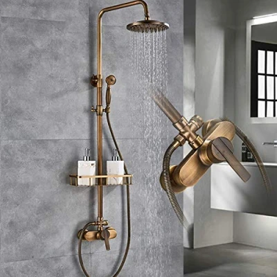 Afbeelding van Antieke kraan doucheset regendouche douchekraan messing douche nostalgie rond douchesysteem handdouche met douchestang set wandmontage douchekop badkamer retro goud