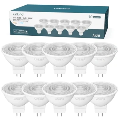 Afbeelding van Linkind ledlamp GU5.3, 3,4 W, komt overeen met 35 2700 K, warmwit, stralingshoek, 36 graden, led spot, MR16, 360 lm, AC/DC 12 V, levensduur 25.000 uur, niet dimbaar, 10 stuks