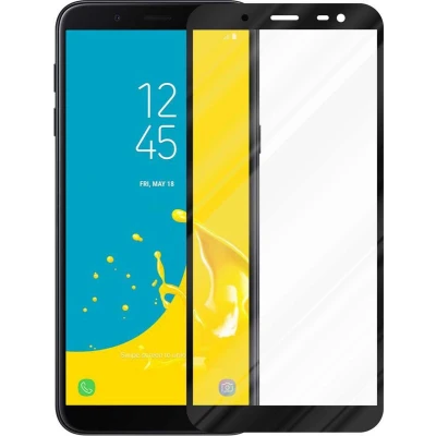 Afbeelding van Cadorabo Volledig scherm pantserfolie geschikt voor Samsung Galaxy J6 2018 in TRANSPARANT met ZWART Gehard (Tempered) display beschermglas 9H hardheid 3D Touch (RETAIL PACKAGING)