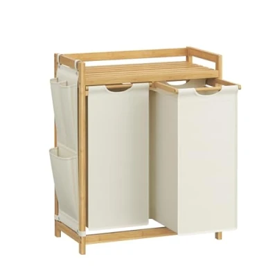 Afbeelding van SONGMICS wasmand 2 vakken, bamboe, 100 L, wassorteerder, met plank, waszak, kleine zijvakken, wasrek, x 50 63 33 78 cm, crèmewit RLH100W01