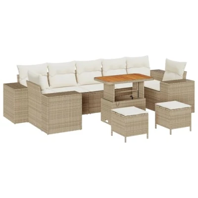 Afbeelding van vidaXL 10 delige tuinsofa set met kussens beige poly rattan acacia, 3 tuin eetset acacia