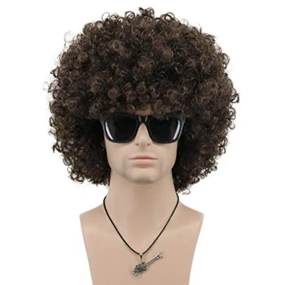 Afbeelding van VGbeaty Funky Afro Pruik 70s 80s Donkerbruin Korte Krullend Disco Rocker Mannen Vrouwen Fancy Dress California Halloween Cosplay Kostuum