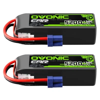 Afbeelding van OVONIC Lipo accu, 4 seconden, 14,8 V, 5200 mAh, 130 C, met EC5 stekker, accu voor RC auto, vrachtwagen, Truggy, quadcopter, helikopter, boot, vliegtuig (2 stuks)