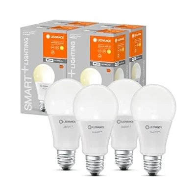 Afbeelding van LEDVANCE Slimme LED lamp met WiFi technologie, E27 basis, Dimbaar, Warm wit (2700 K), vervangt gloeilampen van 75 W, SMART+ Classic Dimmable, 4 pak