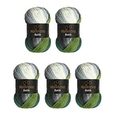 Afbeelding van 5 x 100 g Batik wolbijen 500 gram wol met kleurverloop, meerkleurig, breiwol, haakwol (5700 zwart/grijs/groen)