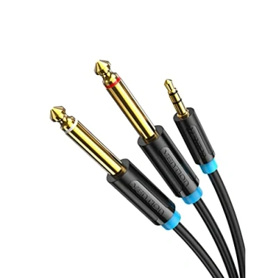 Afbeelding van VENTION 3,5 mm naar Dual 6,35 Stereo Audio Kabel, 1/4 Mannelijke 1/8 Audiokabel Mono Y Splitter, Vergulde Audiosplitter voor Hoofdtelefoon, Mixer, Gitaar, Versterker (2 M)