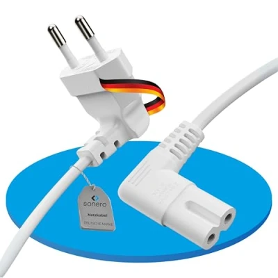 Afbeelding van sonero stroomkabel netsnoer, 2 polig, 3,0 m, eurostekker, type C stekker naar IEC aansluiting, C7, Euro 8 stekker, 90 graden hoek, voeding, voor tv, PS5, PS4, PS3, huishoudelijke
