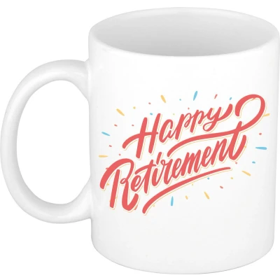 Afbeelding van Happy retirement cadeau mok / beker wit afscheid pensioen VUT feest mokken
