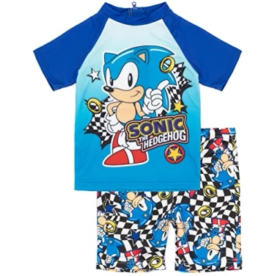 Afbeelding van Sonic The Hedgehog Badpak voor jongens Kinderen 2 delige T Shirt Shorts Karakter Race Checkers Zwemkleding 9 10 Jaar