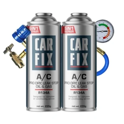 Afbeelding van CARFIX vervangend koelmiddel r134a voor auto airco&#039;s 2 blikken 5in1 en slang met manometer, 235 g