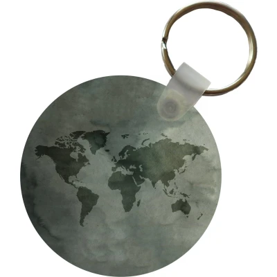 Afbeelding van Sleutelhanger Wereldkaart Grijs Simpel Plastic Rond Uitdeelcadeautjes