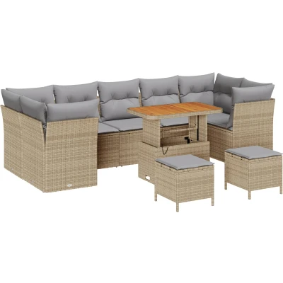 Afbeelding van vidaXL 10 delige Tuin Sofa Set met Kussens Beige Poly Rattan Acacia, 3 Eetset Acacia