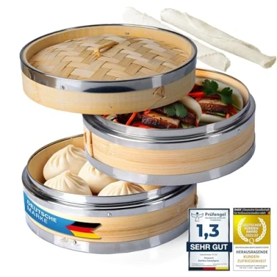 Afbeelding van Dimono® Bamboe Stomer met Roestvrij Staal, 2 Traps Deksel, Stoommand Rijst Cooker voor Sim Sum Dumplings, Groenten, Rijst, Vlees, Vis (Ø 20 cm)