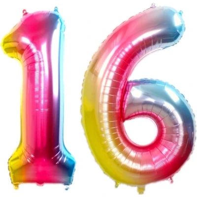 Afbeelding van Folie Ballon Cijfer 16 Jaar Regenboog 36Cm Verjaardag Folieballon Met Rietje