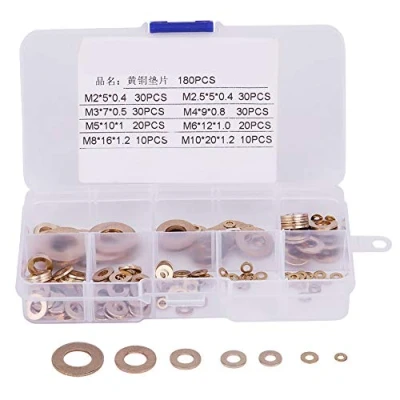 Afbeelding van 180 delige messing ringenassortimentenset met doos M2 / M2.5 M3 M4 M5 M6 M8 M10 metalen sluitringen voor walvis