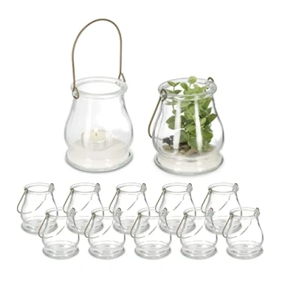 Afbeelding van Relaxdays glazen windlicht, set van 12, theelichthouders met hengsel, binnen &amp; buiten, HxØ: 10x8,5 cm, transparant/goud