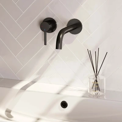 Afbeelding van Brauer Black Edition Wastafelmengkraan inbouw gebogen uitloop rechts hendel lang smal model A2 mat zwart