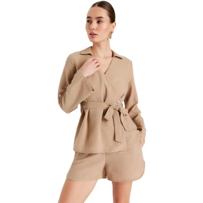Afbeelding van Trendyol Nertsen V Hals Double Breasted Tie Gedetailleerde Geweven Blouse Twoss24Bz00371