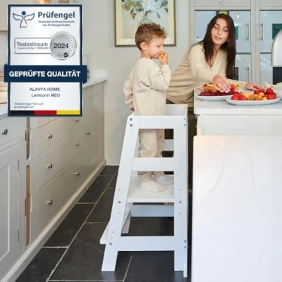 Afbeelding van Alavya Home® leertoren Montessori NEO stahulp voor kinderen kruk keukenhulp, kantelbeveiliging van beukenhout, in hoogte verstelbaar vanaf 1 jaar tot 70 kilo belastbaar beige/grijs