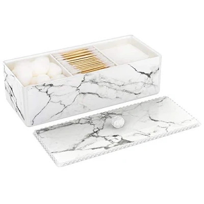 Afbeelding van Luxspire Cotton Swab Holder with Lid, Marble Pattern Ball Dispenser Case, Makeup Canister Jar for Pads Bud, Storage Box Cosmetics Countertop Organizer Containers 3 Compartments