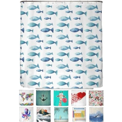 Afbeelding van arteneur® Anti schimmel douchegordijn, 200 x 220 cm, gerecycled, Oeko Tex standaard 100, verzwaarde zoom, ondoorzichtig, wasbaar, 12 ringen, blauwe vis