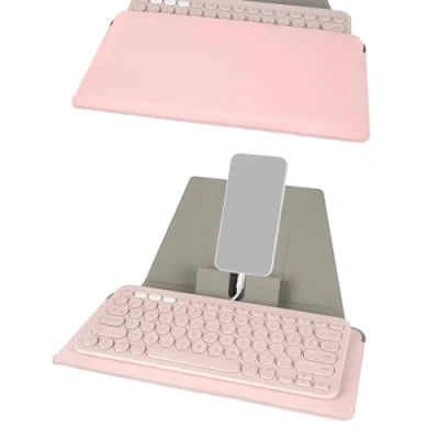 Afbeelding van GEEKRIA Compacte toetsenbordhoes, veganistisch lederen reisetui met telefoon en tablethouder, toetsenbordhoes compatibel Logitech K380/Pebble Keys 2 K380s, Appl Magic Keyboard (roze)