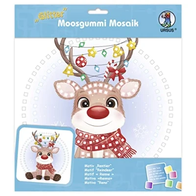 Afbeelding van Ursus 8420020 Glitter schuimrubber mozaïek afbeelding &quot;rendier&quot;, knutselset voor een plakafbeelding van schuimrubberstickers, ca. 25 x cm met standaard, medium