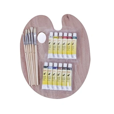 Afbeelding van Exerz Penseelset en palet, 6 penselen, 12 niet giftige acrylverf, ml, houten palet