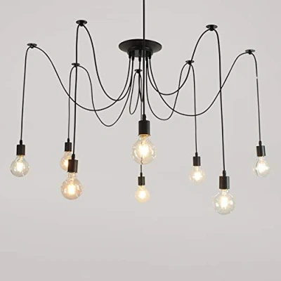 Afbeelding van iDEGU Moderne en retro kroonluchter hanglamp, 8 armen, doe het zelf, creatief, spinnenkroonluchter, verstelbaar, 150 cm, vintage plafondlamp met E27 fitting, zwart (8 lampen)