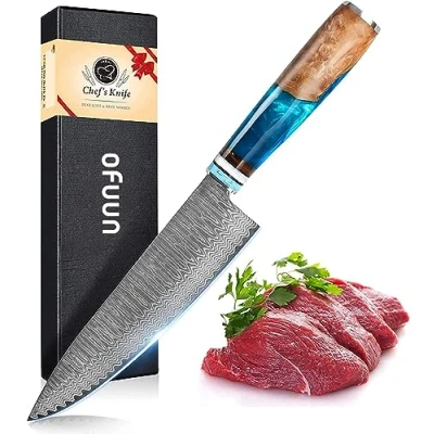 Afbeelding van oFuun Damascus Koksmes, Professioneel 67 Laags Stalen Japans Mes, 20cm Ergonomisch Blauw Kunsthars Handvat met Geschenkverpakking