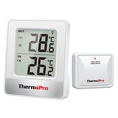 Afbeelding van ThermoPro TP200C draadloze thermometer kamerthermometer voor binnen/buiten met waterdichte buitensensor temperatuurmeetapparaat buitenthermometer binnen en buitentemperatuur tot 150 m bereik tuin, dierenstal