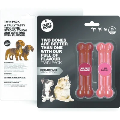 Afbeelding van TastyBone Small Twinpack Breakfast Beef Sausage &amp; Bacon Hond Kauwspeelgoed Vegan Kluif Nylabone