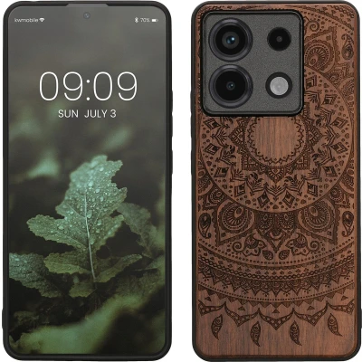 Afbeelding van kwmobile telefoonhoesje geschikt voorXiaomi Redmi Note 13 Pro 5G / Poco X6 Hoesje met bumper walnoothout In donkerbruin Indian Sun design