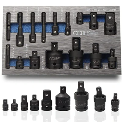 Afbeelding van CCLIFE Impact Socket Adapter Set 17 Delige met Cr Mo 1/4&#039;&#039; 3/8&#039;&#039; 1/2&#039;&#039; 360 Cardanscharnier, Hex Bit en