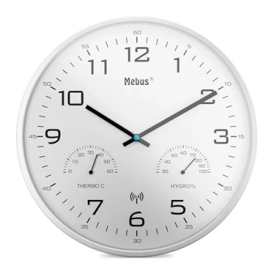 Afbeelding van Mebus Moderne draadloze wandklok met temperatuurweergave en luchtvochtigheid, 30 cm, klok, woonkamer, keukenklok/model: 52841 / kleur: wit